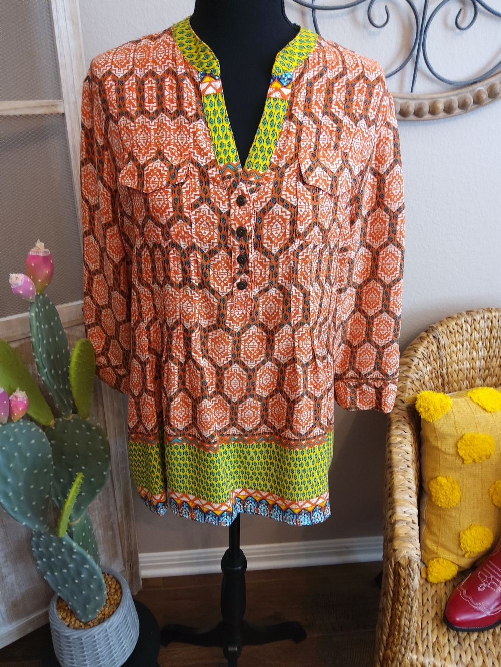 new directions Orange and Yellow Geometric Print Tunic